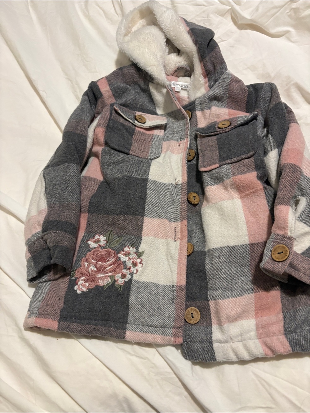 Kids Plush-Lined Hooded Plaid Jacket - Pink & Gray